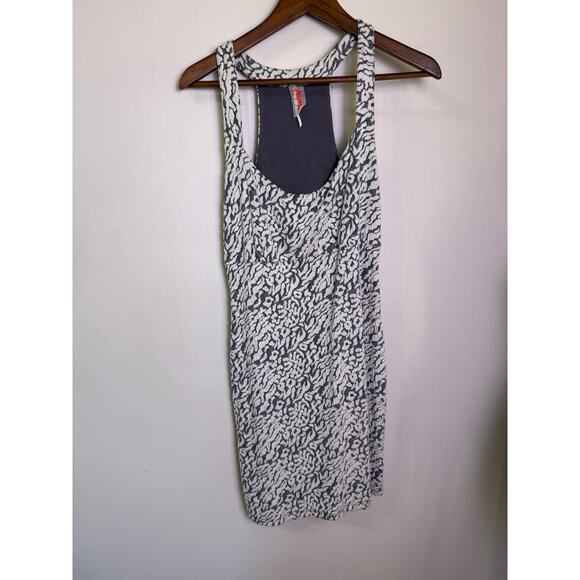 Free People Gray White Puckered Knit Sun Dress Racerback Bodycon Mini Sz L - Picture 2 of 4